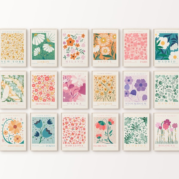 Blumengalerie-Wandset, Blumenmarktdrucke, trendige Blumenposter, buntes Kunstdruckpaket, 18 Teile botanische Kunst, digitaler Download