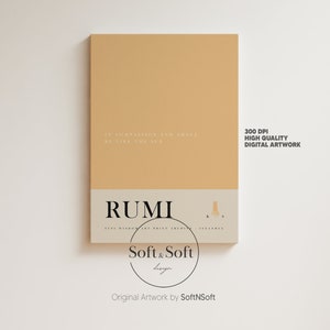 Puede incluir: Una impresión de arte digital con una cita de Rumi: "En compasión y gracia, sé como el sol." La impresión es de estilo minimalista con un fondo beige y texto negro. El nombre del artista, "Soft & Soft", se incluye en la esquina inferior derecha.