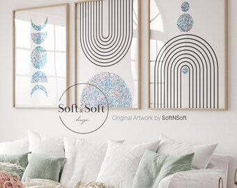 Trendy Blue Geometric Wall Art, Retro Abstract Poster Set, Boho Rainbow and Moon Prints, 16x20, 11x14, A4, 50x70 Wall Art, Modern Home Decor