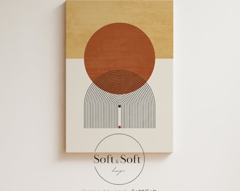May include: Abstract geometric art print featuring a large orange circle, black and white striped arches, and a small blue circle. The print has a yellow and white background and the text "Soft & Soft design" at the bottom.