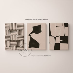 Black Beige Abstract Wall Art Set of 3 Prints, Boho Line Wall Art, Wabi Sabi Print, Aesthetic Home Decor, Instant Download, Japandi Decor