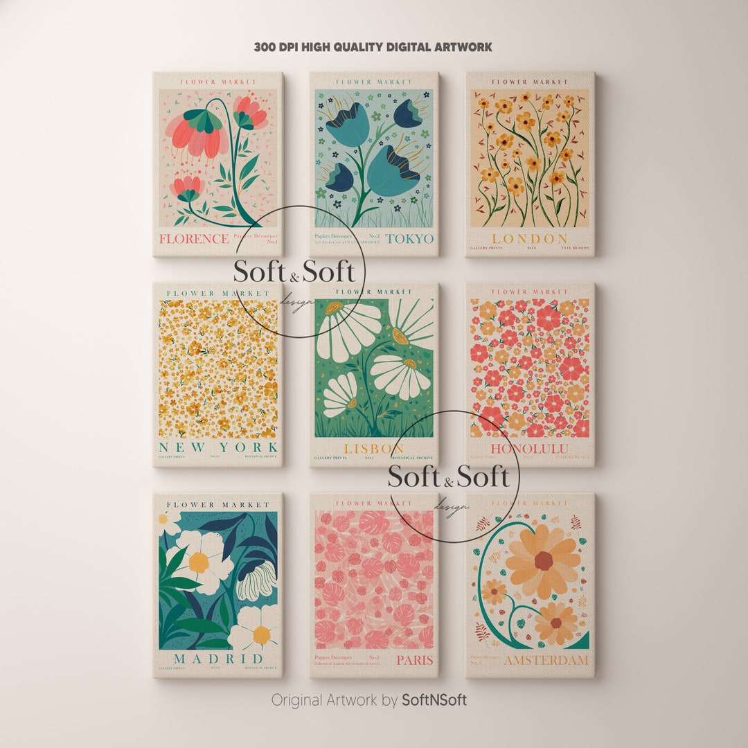 Flower Market Print, Set of 9, Botanical Wall Art, Floral Decor Posters ...