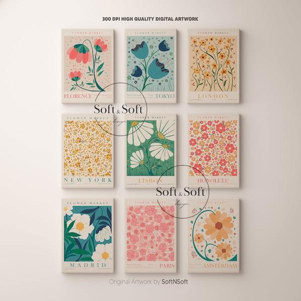 Flower Market Print, Set of 9, Botanical Wall Art, Floral Decor Posters, New York Poster, Paris Print, Custom Wall Art Set, Digital Download