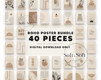 Boho Abstract Wall Art Bundle, Set of 40, Neutral Beige Gallery Wall Decor, Bohemian Poster, Modern Geometric Prints, Digital Download
