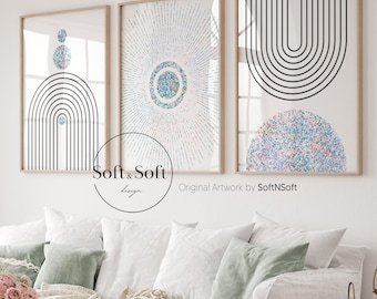 3 Pieces Blue Geometric Poster Set, Retro & Boho Wall Art, Summer Home Decor, Abstract Prints, 24x36, A3, 11x14, 50x70, 8x10 Digital Prints