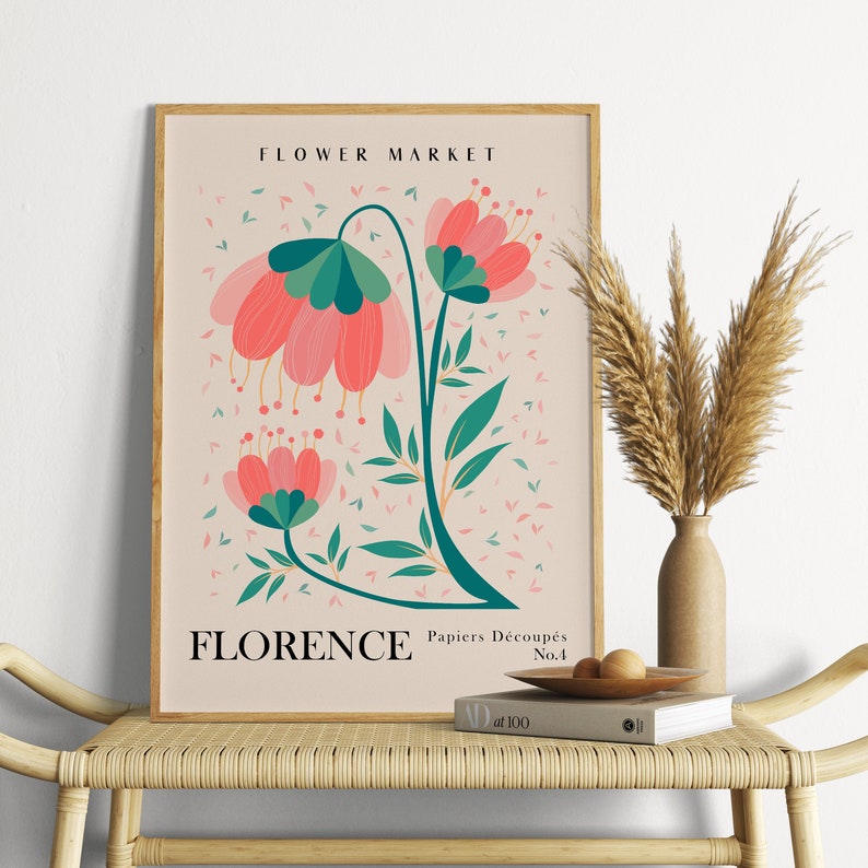 Peut inclure: Une impression encadr&eacute;e avec une illustration florale rose et verte. L'impression porte le texte "FLOWER MARKET" et "FLORENCE Papiers D&eacute;coup&eacute;s No.4" en haut et en bas.