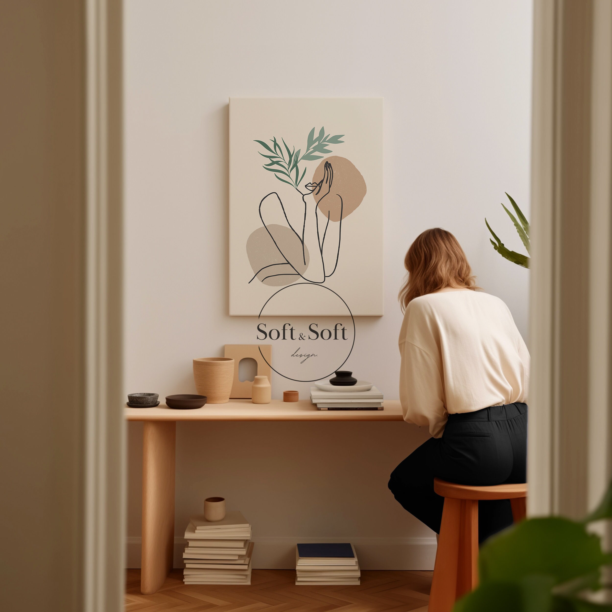 Boho Woman Art Print, Woman Line Art, Flower Wall Art, Boho Floral ...
