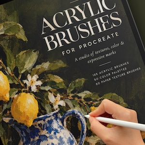 Puede incluir: Una pantalla de producto digital para Acrylic Brushes for Procreate de Soft & Soft design. El gráfico presenta una ilustración pintada de limones y una jarra azul y blanca, enumerando 105 pinceles, 50 paletas de colores y 50 pinceles de textura.