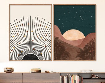 Mid Century Moon Art Print Set of 2, Green, Yellow, Terracotta, Rainbow Art Print Neutral Modern Printable Digital Downloads, Boho Style