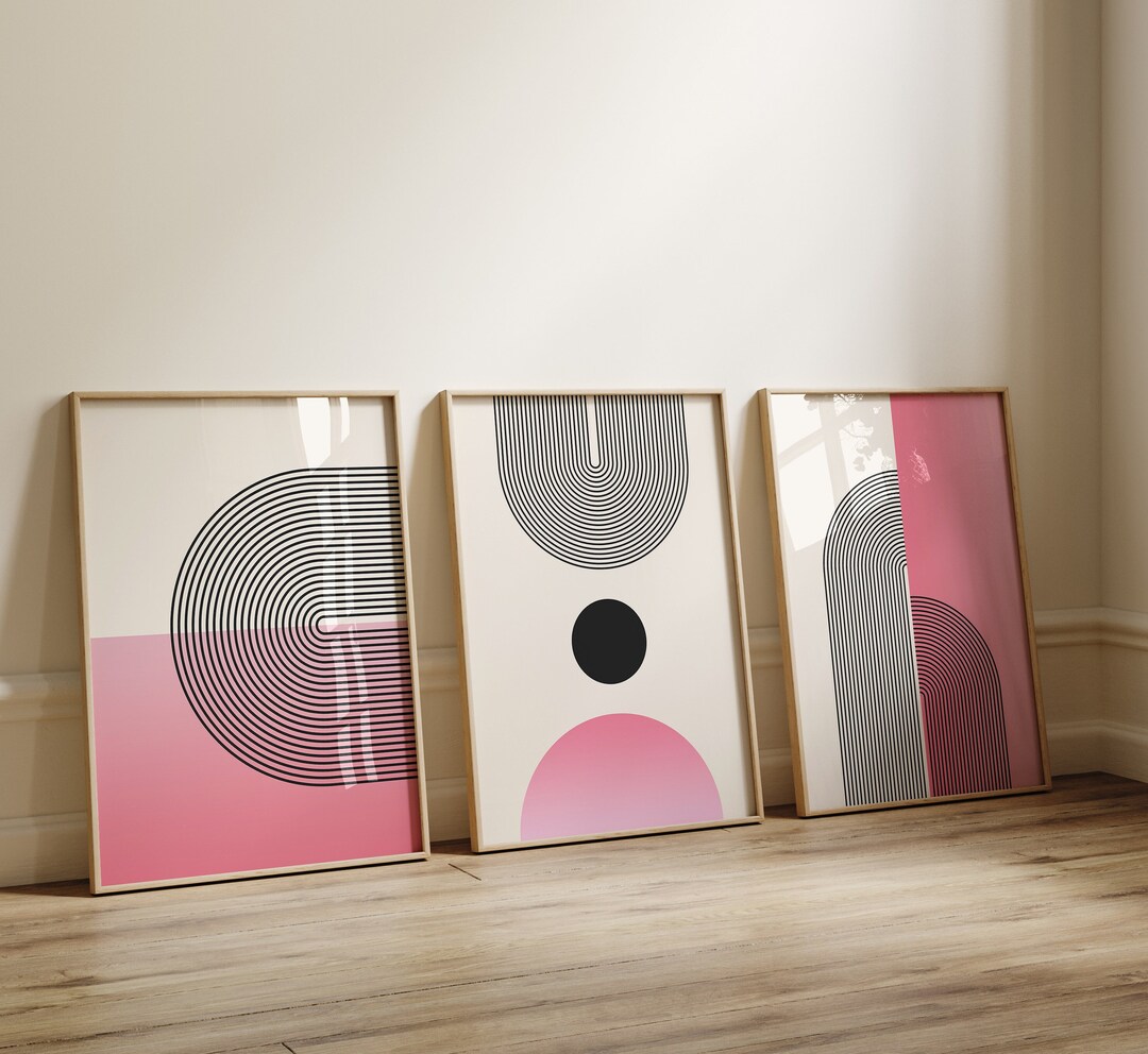 Pink Abstract Geometric Wall Art, Gradient Art Prints, Set of 3 Posters ...