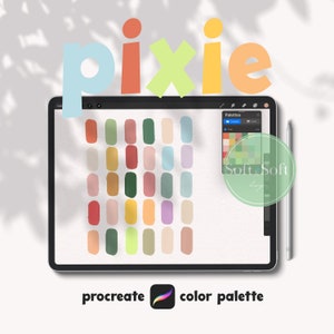 Puede incluir: Una ilustración digital de una paleta de colores para Procreate, que presenta una variedad de colores suaves y apagados. La paleta se llama "Pixie" y se muestra en la pantalla de una tableta. La imagen también incluye el logotipo de Soft & Soft Designs.