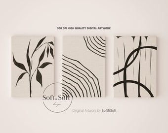 Black & White Abstract Wall Art Set, Scandinavian Home Decor, Boho Poster, Cozy Floral Living Room Decor, Nordic Wall Art, Digital Download