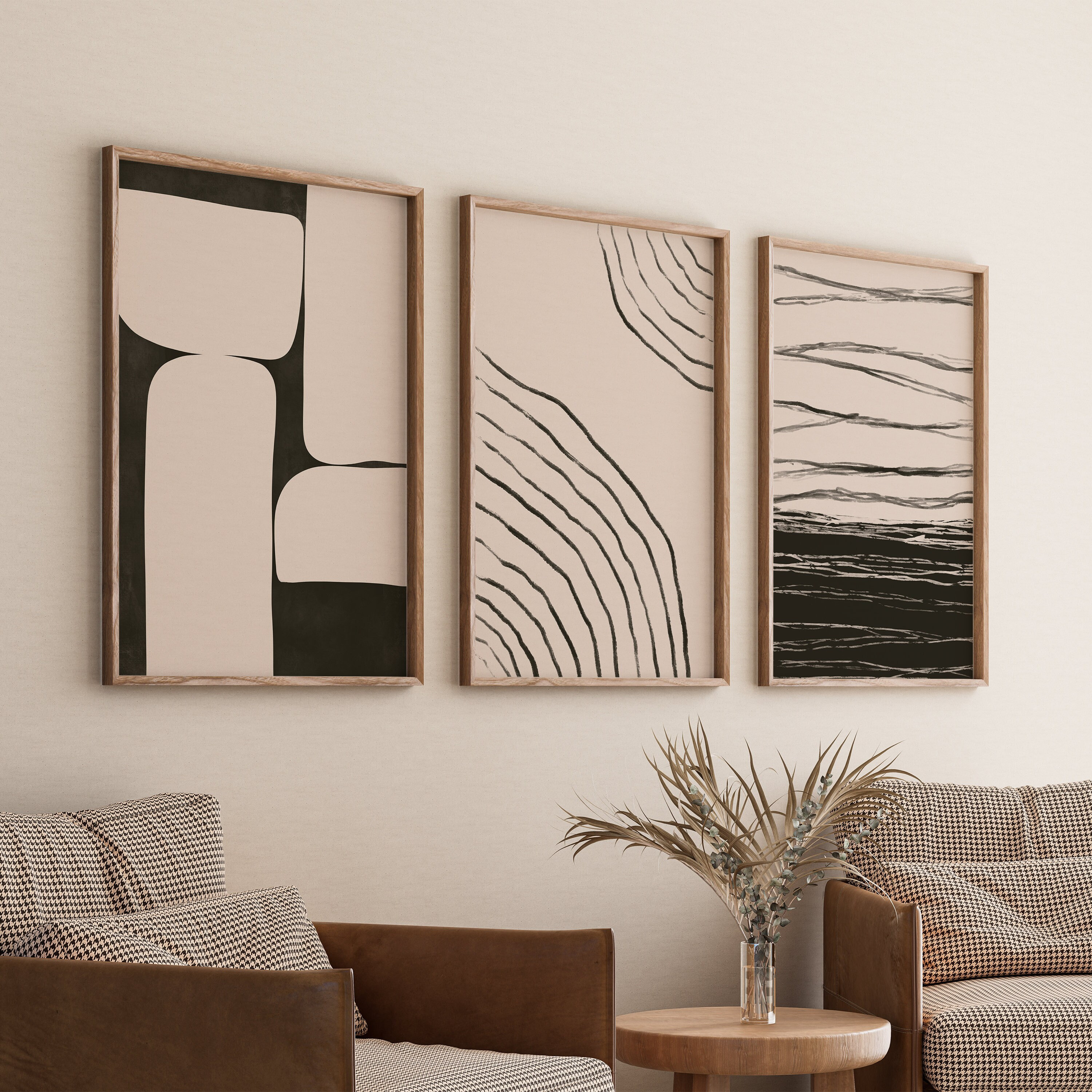 Abstract Japandi Wall Art, Set of 3 Black Prints