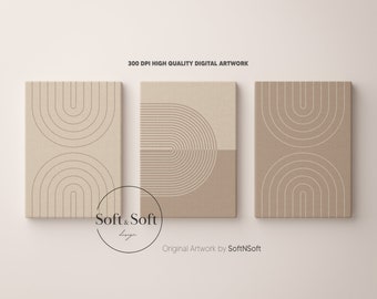 May include: Three beige canvas prints with abstract geometric designs in white lines. The designs feature curved lines and arches. The text "Soft & Soft Design" is visible at the bottom of the image.