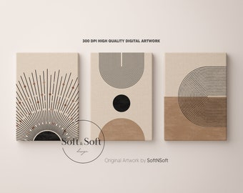 Mid Century Art Prints Set of 3, Boho Arch Art Prints, Neutral Modern Wall Art Decor, Digital Download, Earth, Black Rainbow Printables