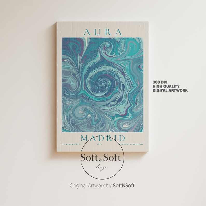 Blue Aura Gradient Poster, Madrid City Travel Print, Retro Wall Art, Spiritual Art Print, 70s Wall Decor, Digital Download, Energy Poster