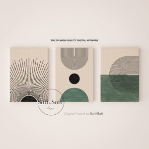 Mid Century Modern Art Print, Set of 3, Neutral Modern Wall Art, Digital Download, Boho Art Prints, Green, Black Rainbow Printables
