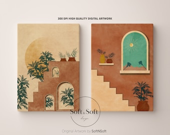Boho Art Prints Set of 2, Boho Architecture, Mid Century Modern, Printable Wall Art, Modern Home Decor, Digital Prints, Boho Home Decor