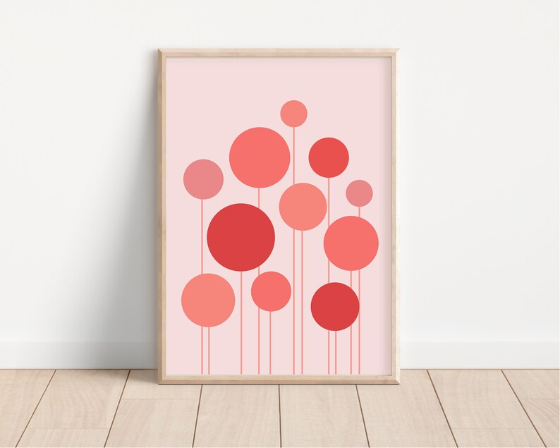 May include: Abstract art print with a pink background and a cluster of overlapping red and pink circles connected by thin lines.