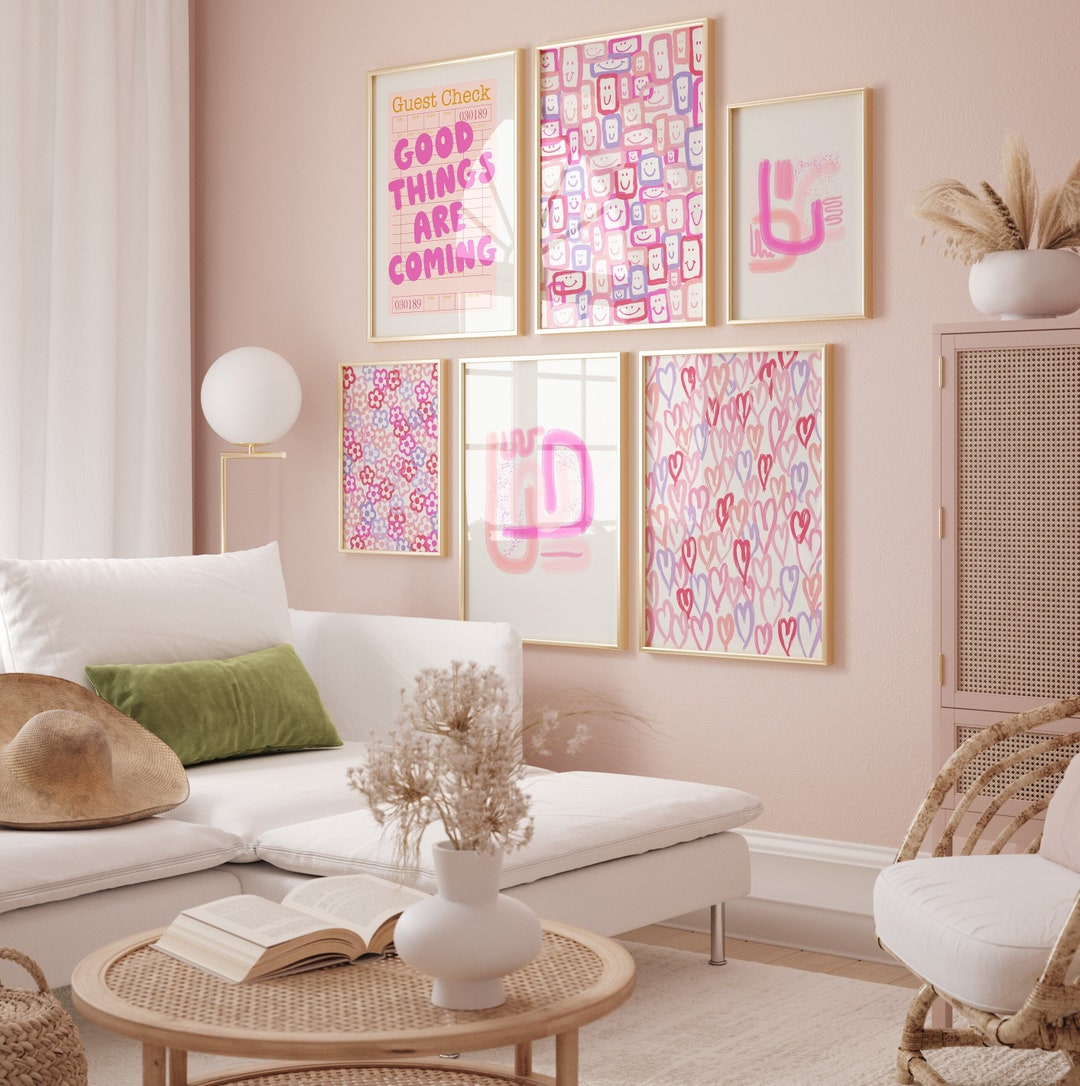 Retro Blush Pink Living Room Wall Art Set, Doodle Love Heart Prints