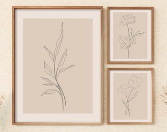 Minimal Line Botanical Print Set of 3, Gallery Wall art, Line Flowers Prints Art, Wild Flowers Art, Floral Line Art, Neutral Modern Wall Art