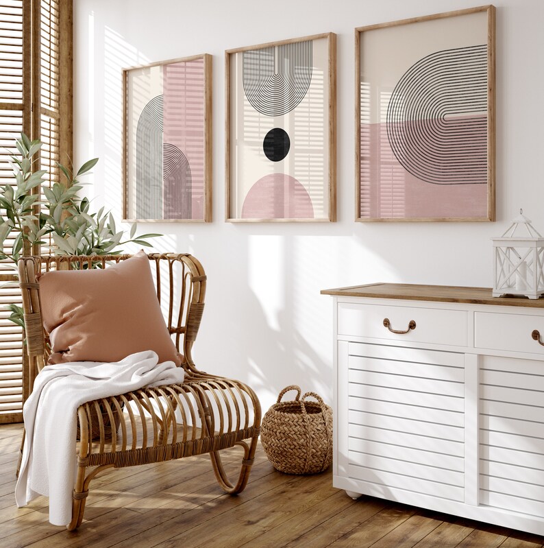 Light Pink Abstract Poster Set, Set of 3 Prints, Boho Rainbow Prints, Geometric Room Decor, Downloadable Prints, Cute Decor Gallery