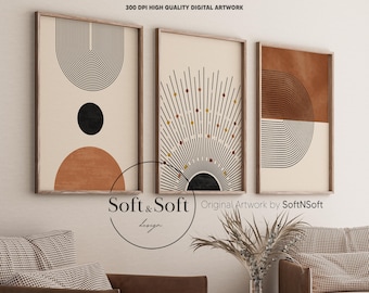 Boho Modern Wall Art, Terracotta Abstract Geometric Set of 3 Posters, Orange Mid Century Rainbow Prints, Boho Sun Artwork, Digital Download