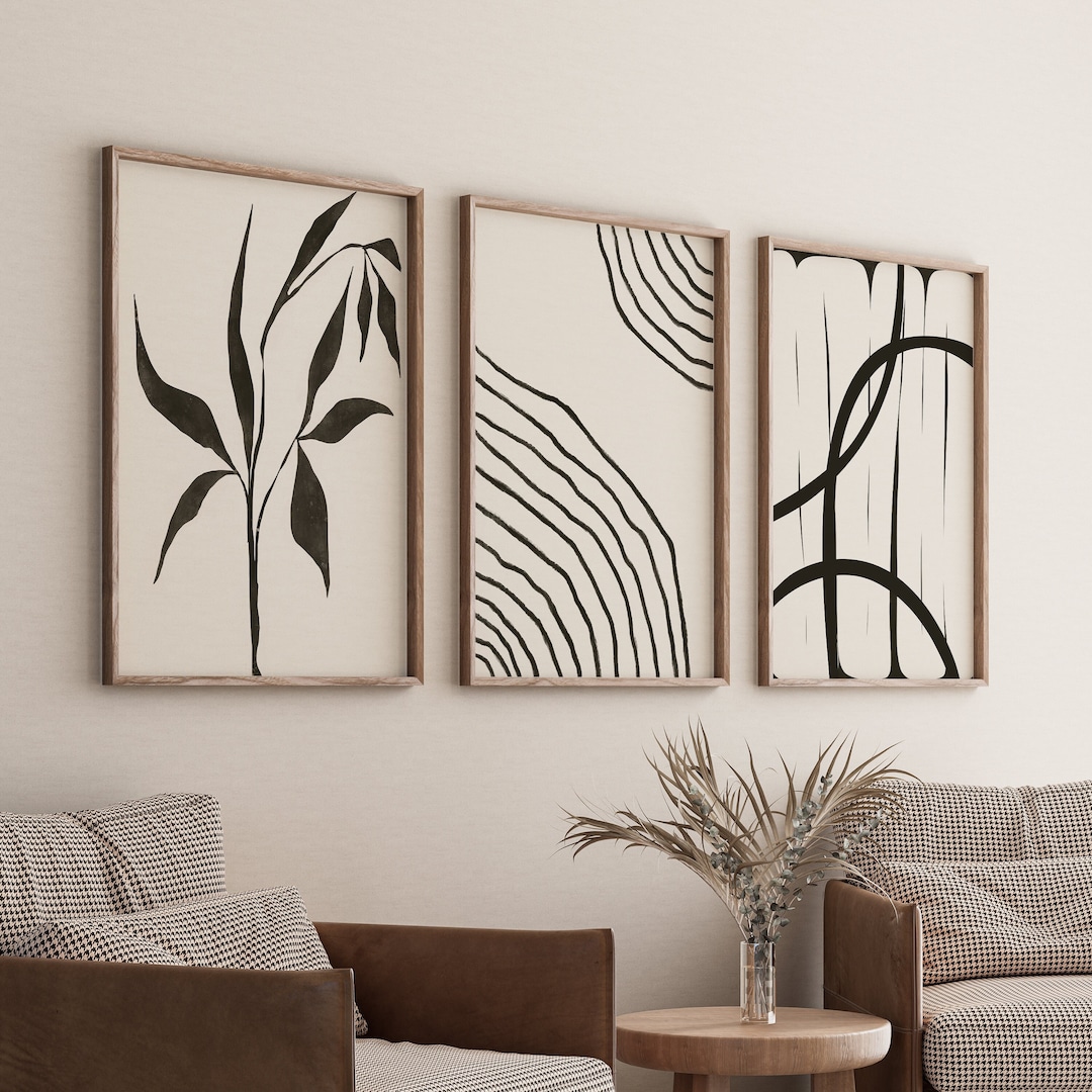 Black & White Abstract Wall Art Set, Scandinavian Home Decor, Boho Poster, Cozy Floral Living