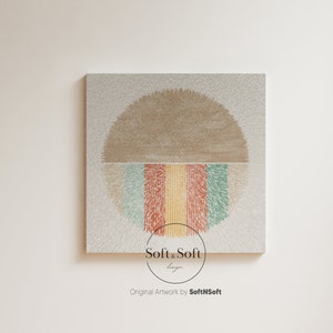 以下が含まれることがあります： ベージュとマルチカラーの抽象的なアート作品で、円形のデザインが施されています。この作品は糸でできており、「Soft & Soft」というタイトルで、SoftNSoftによって制作されました。