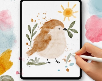 May include: A digital tablet screen displays a watercolor illustration of a brown bird holding a green leaf, with a yellow sun above. Text reads: WATERCOLOR BRUSH PACK FOR PROCREATE, 80 Watercolor Brushes, 9 Watercolor Paper Textures, 50 Color Palettes.