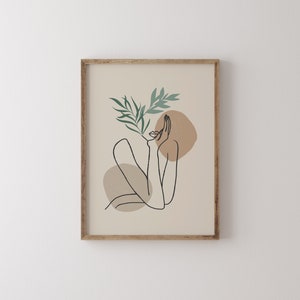 Boho Woman Art Print, Woman Line Art, Flower Wall Art, Boho Floral Poster, Neutral Simple Print, Beige Green Artwork, Printable Wall Art