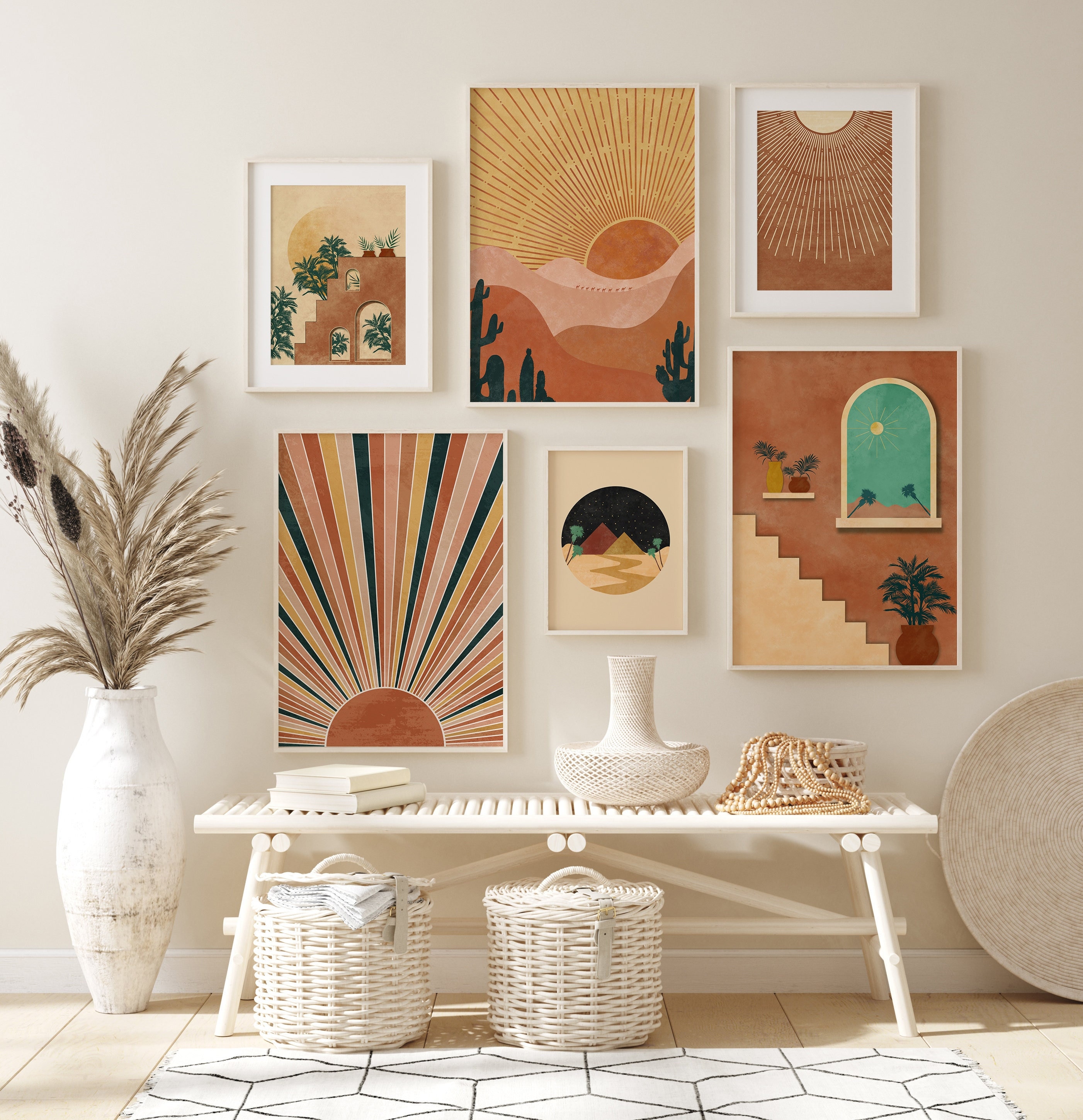 Boho Style Landscape Wall Art Set of 6, Mega Bundle, Mid Boho Style Landscape Wall Art Set of 6, Mega Bundle, Mid