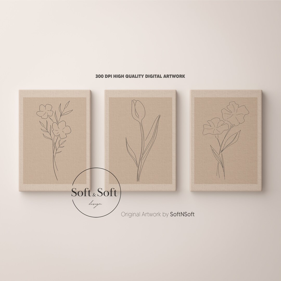 Floral Art Prints Set of 3, Line Art Flowers, Digital Prints, Wild ...