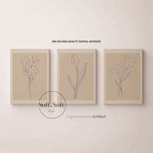 Floral Art Prints Set of 3, Line Art Flowers, Digital Prints, Wild Flowers Print, Botanical Art Prints, Neutral Modern Wall Art, Minimalist
