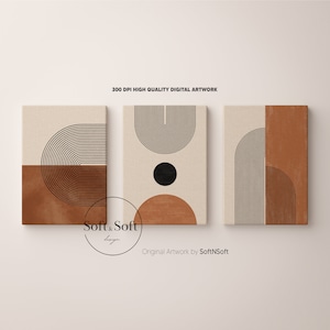 Mid Century Poster Set, Geometric Prints, Boho Wall Art, Burnt Orange Wall Art Set, Set of 3 Prints, Retro Wall Decor, Instant Download