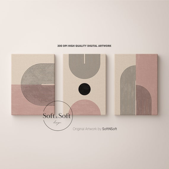 Light Pink Abstract Poster Set, Set of 3 Prints, Boho Rainbow Prints, Geometric Room Decor, Downloadable Prints, Cute Decor Gallery