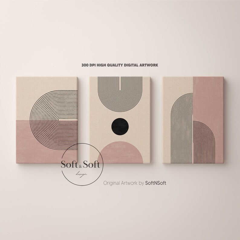 Light Pink Abstract Poster Set, Set of 3 Prints, Boho Rainbow Prints, Geometric Room Decor, Downloadable Prints, Cute Decor Gallery