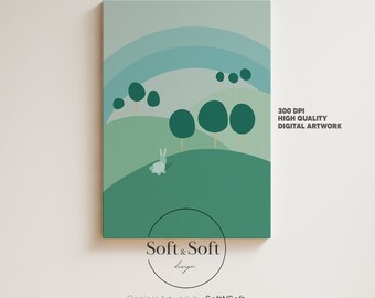 May include: A digital illustration of a green landscape with a white rabbit, green trees, and a blue sky with a rainbow. The text "Soft & Soft design" is at the bottom of the image. The text "300 DPI HIGH QUALITY DIGITAL ARTWORK" is on the right side of the image.
