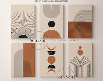 Boho Terracotta Abstract  Geometric Wall Art Bundle, Scandinavian Apartment Wall Decor Set, Cozy Posters, Bohemian Digital Download Prints