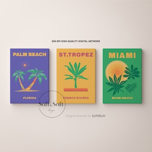 Arte de pared de verano, juego de 3 impresiones, descarga digital, póster de viaje por la ciudad, juego de pared colorido, decoración de habitación retro, impresión de Miami, obra de arte de Florida