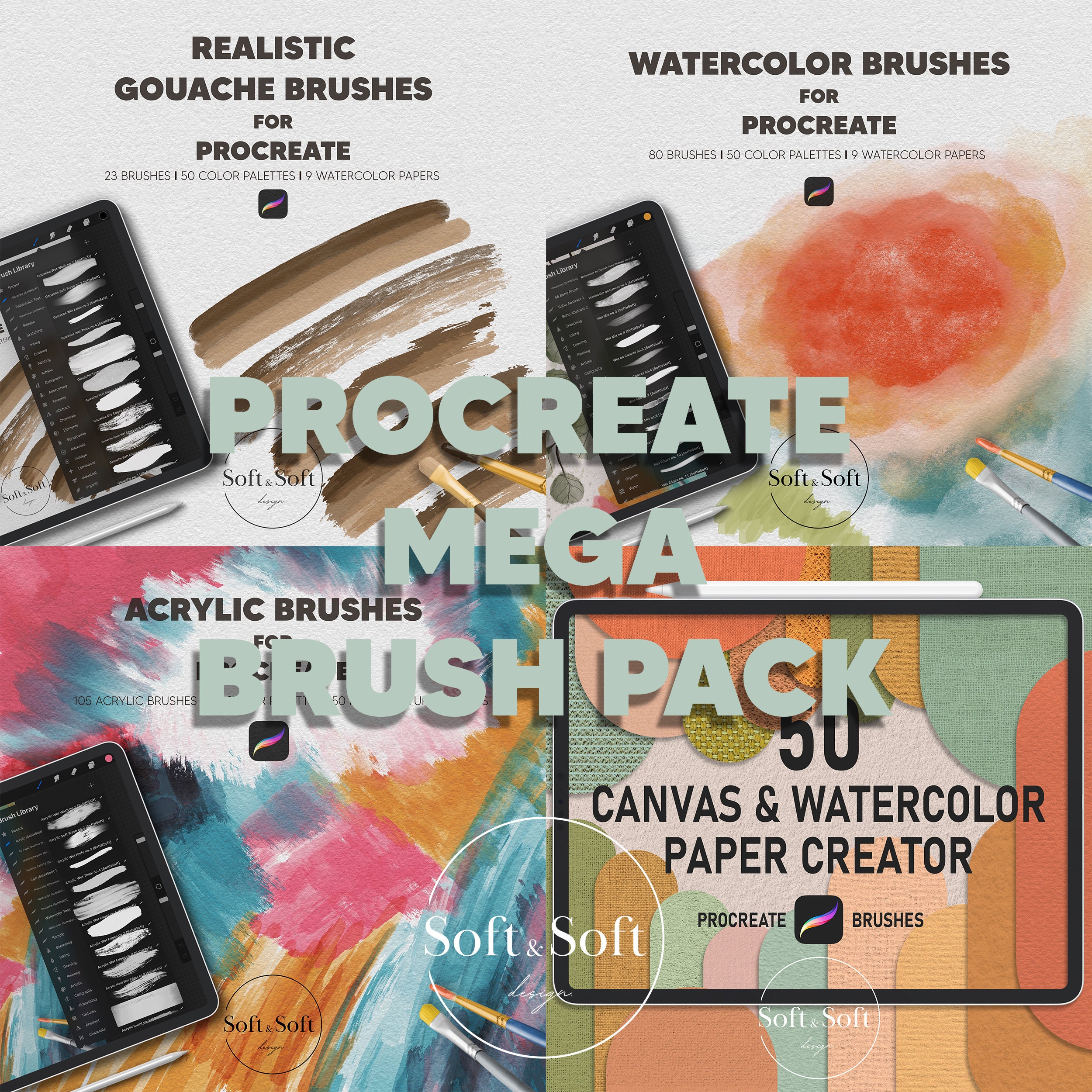 Mega pack de pinceles para Procreate — Óleo, acrílico, acuarela y gouache + texturas de papel y paletas de color