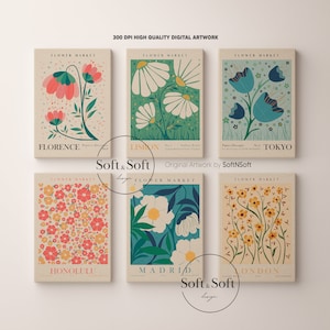 Flower Market Prints, Gallery Wall Set, Yellow, Pink, Blue Botanical Wall Art, Tokyo, Honolulu Prints, Flower Market Poster, Digital