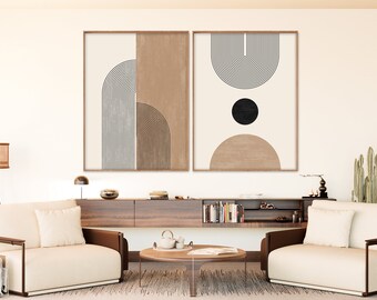 Mid Century Modern Set 0f 2, Neutral Tones Beige Art Print, Boho Printables Wall Art, Rainbow Digital Art Prints, Instant Download Poster