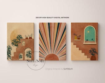 Boho Desert Wall Art Set, Orange Yellow Poster Set, Bohemian Desert Art Print, Sun Prints, Cute Home Decor, Set of 3 Prints, Digital Posters