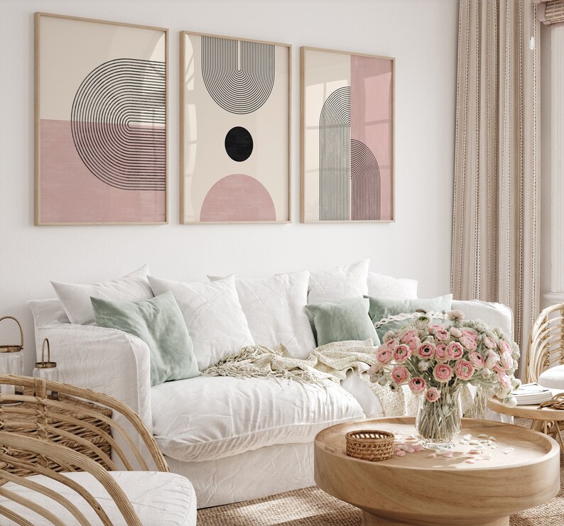Ljusrosa abstrakta posterset, set med 3 tryck, bohemiska regnbågstryck, geometrisk rumsdekor, nedladdningsbara tryck, söt dekorgalleri bild 2