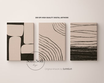 Può includere: Tre stampe d'arte astratta con linee nere su sfondo beige. Le stampe sono incorniciate e appese a una parete bianca. Il testo "Soft & Soft Design" è visibile nell'angolo in basso a sinistra dell'immagine. Il testo "Original Artwork by SoftNSoft" è visibile al centro in basso dell'immagine.