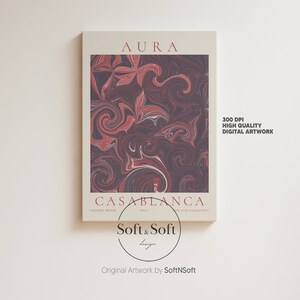 Puede incluir: Una impresión en lienzo rectangular con la palabra "AURA" en la parte superior y "CASABLANCA" en la parte inferior. La obra de arte muestra un patrón arremolinado en tonos de rojo, burdeos y blanco. El texto a la derecha dice "300 DPI HIGH QUALITY DIGITAL ARTWORK."