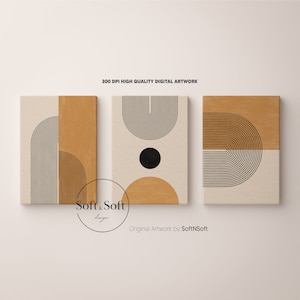 Mid Century Modern, Set of 3 Prints, Digital Art Prints, Neutral Modern Wall Art Decor, Boho Style Prints, Orange Yellow Rainbow Prints