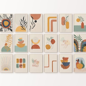 May include: Set of 16 printable wall art prints in a minimalist style with abstract shapes, plants, and text. The prints feature a muted colour palette of browns, yellows, and blues.