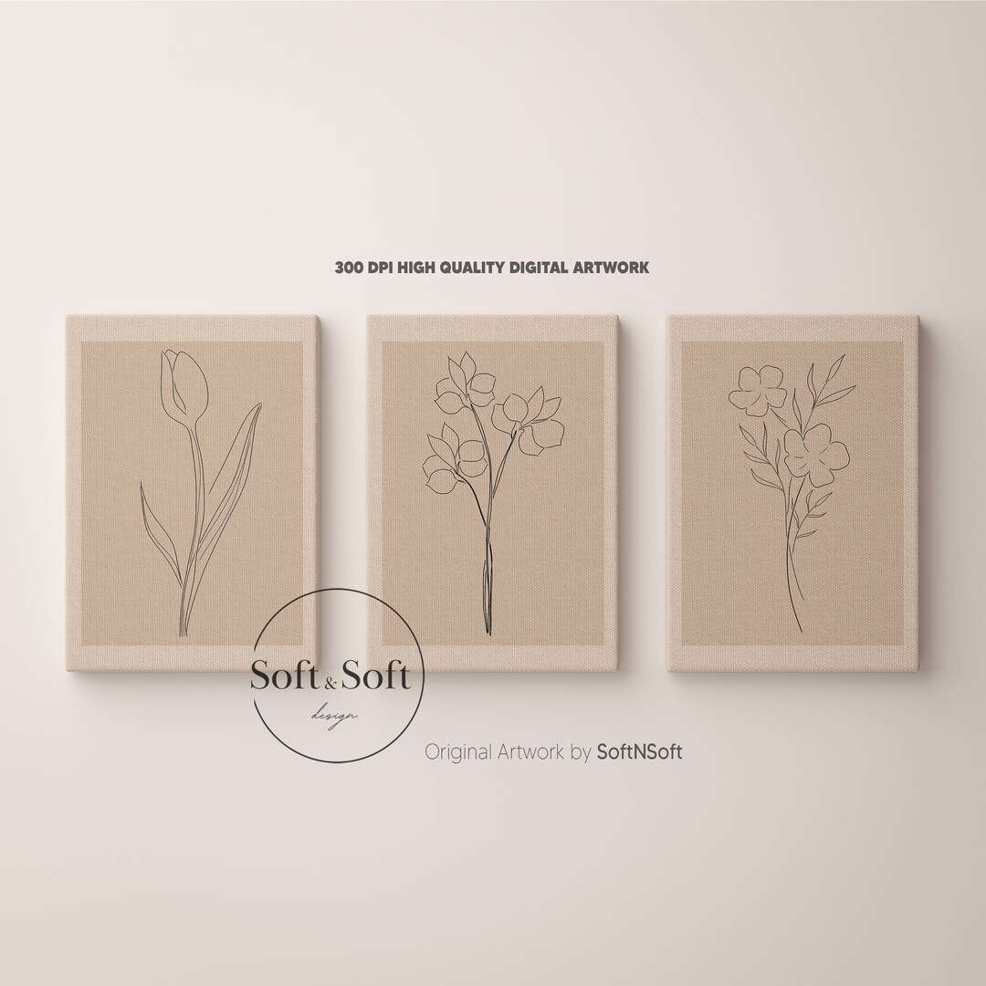Line Floral Print, Set of 3, Botanical Poster, Minimal Flower Print ...